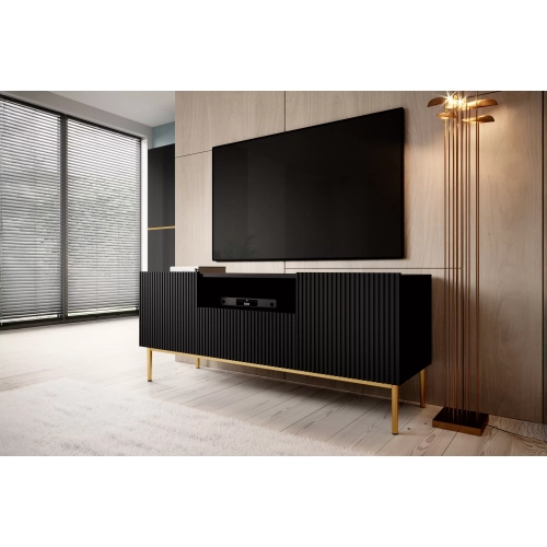 Szafka RTV Nicole 150 cm z szufladą i wnęką - czarny mat / złote nóżki